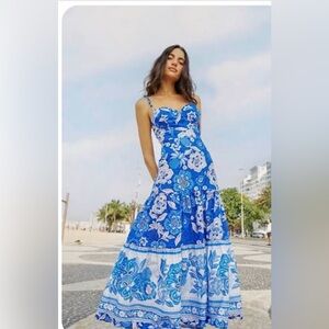 Farm Rio Floral Blue and White Maxi Dress